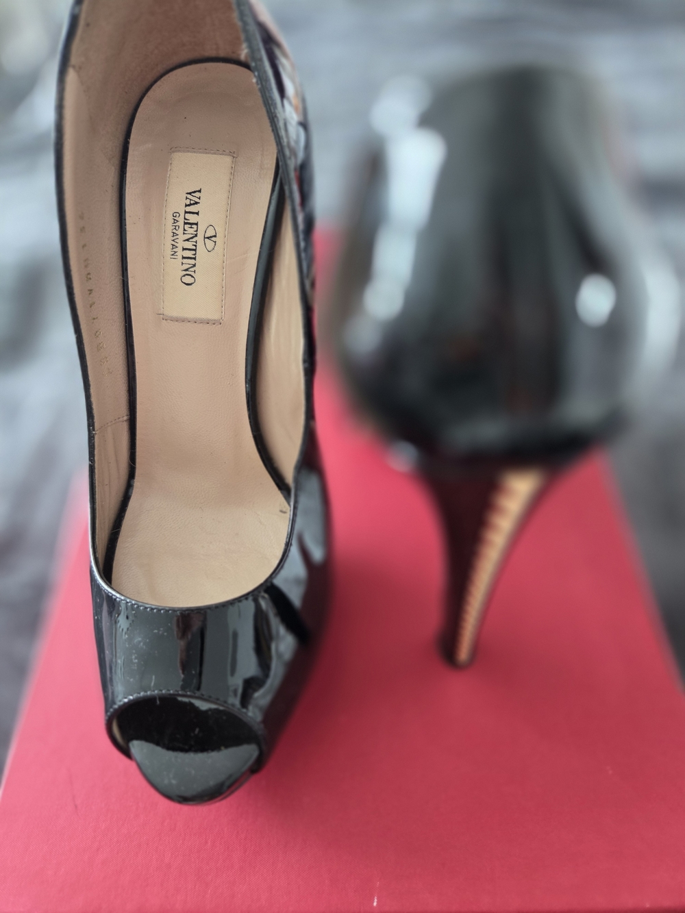 AUTHENTIC Valentino Garavani Black Patent Peep-Toe Stiletto Heels